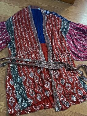 Free People Intimately Colorful Sequined Balloon Sleeved Belted Kimono Robe M